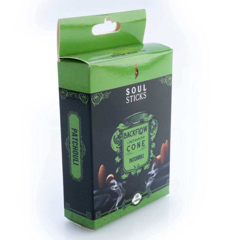 Backflow incense cones in patchouli scent, designed for calming aromatherapy and captivating downward smoke display.
