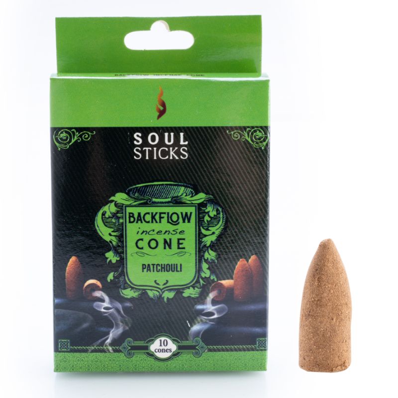 Backflow incense cones in patchouli scent, designed for mesmerizing smoke effects and enhancing relaxation atmospheres.