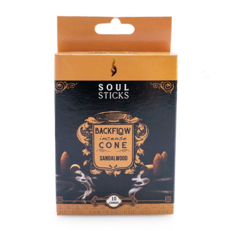 Backflow incense cones in sandalwood scent, designed for cascading smoke and creating a calming ambiance, 12 packs total.