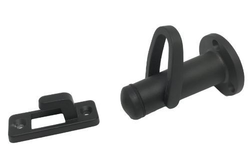 Sleek black wall-mounted door stop in durable zinc, designed to secure doors and enhance home decor with elegant style.