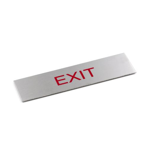 Adhesive red 'Exit' sign in brushed stainless steel, measuring 170 x 50 mm, ideal for guiding visitors safely.
