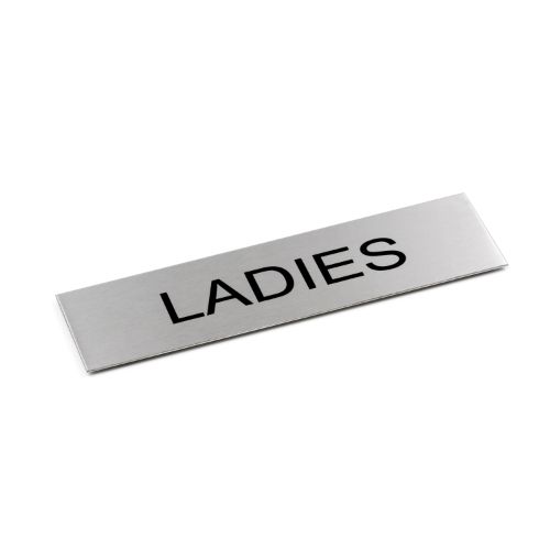 Sleek black 'Ladies' sign in brushed stainless steel, 170x50mm with adhesive backing for easy installation.