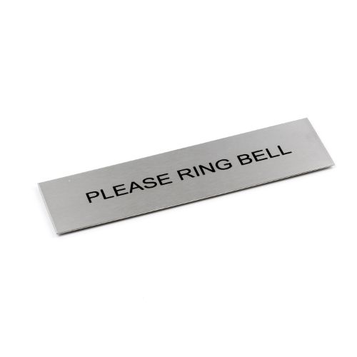 Adhesive "Please Ring Bell" sign in black, brushed stainless steel, measuring 170x50mm for elegant and durable communication.