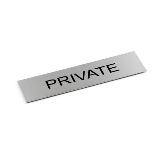 Sleek black "Private" sign in brushed stainless steel, 170x50mm, with durable adhesive for indoor and outdoor use.