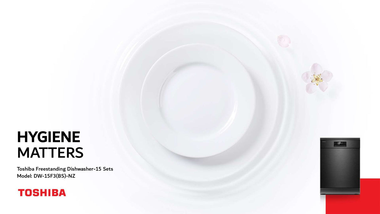 Midea freestanding dishwasher in Toshiba Black, with 15 place settings, Inno Wash technology, and UV light sanitization.