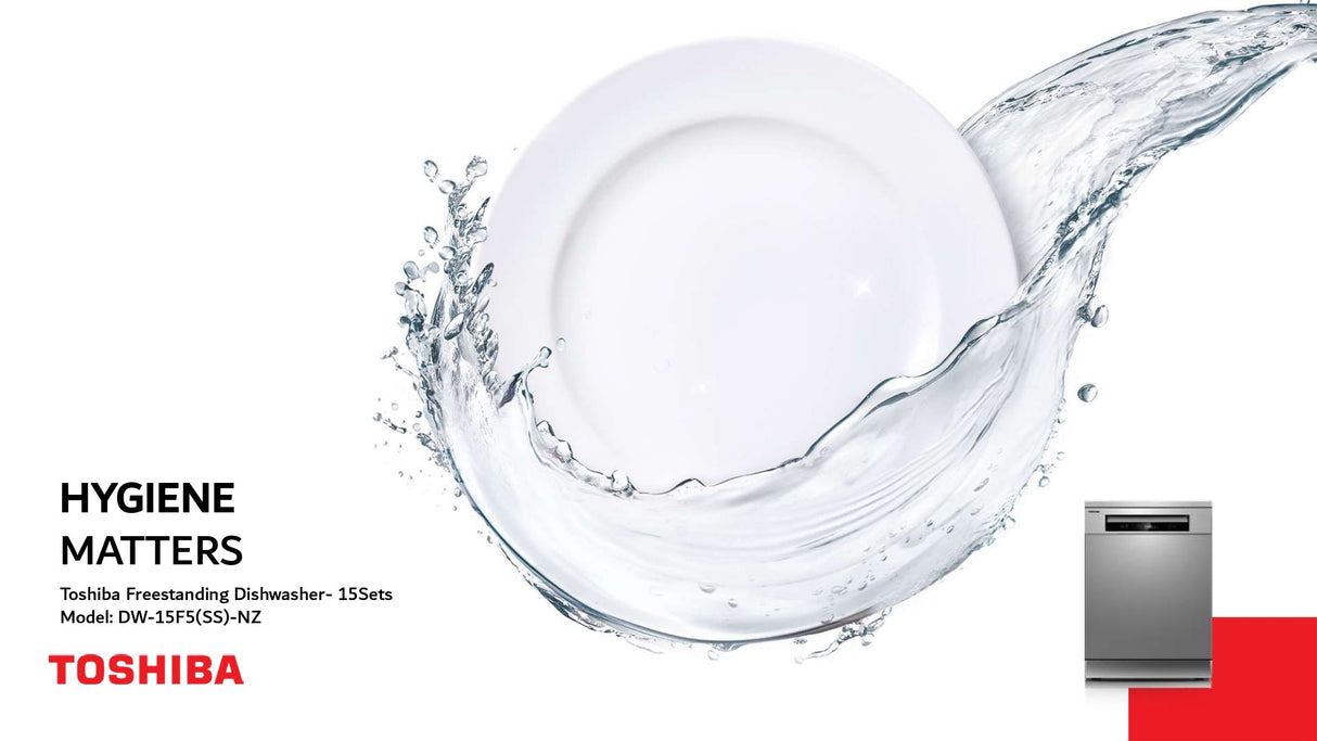 Midea freestanding dishwasher with 15 place settings, six wash programs, quiet operation, and advanced hygiene features.