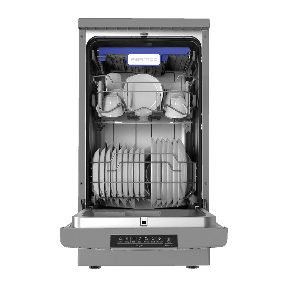 Compact stainless steel Parmco 450mm slim dishwasher with 10 place settings and 7 wash programs, operating at 49dB.