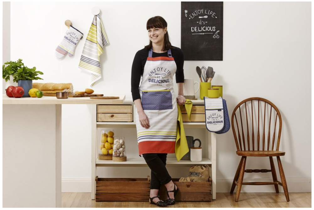 Brightly designed 2-piece cotton pot holders with polyester fill, perfect for safely handling hot cookware in style.