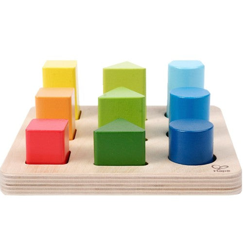 Colorful Hape Shape Sorter Blocks for toddlers, promoting counting, color recognition, and fine motor skills through play.