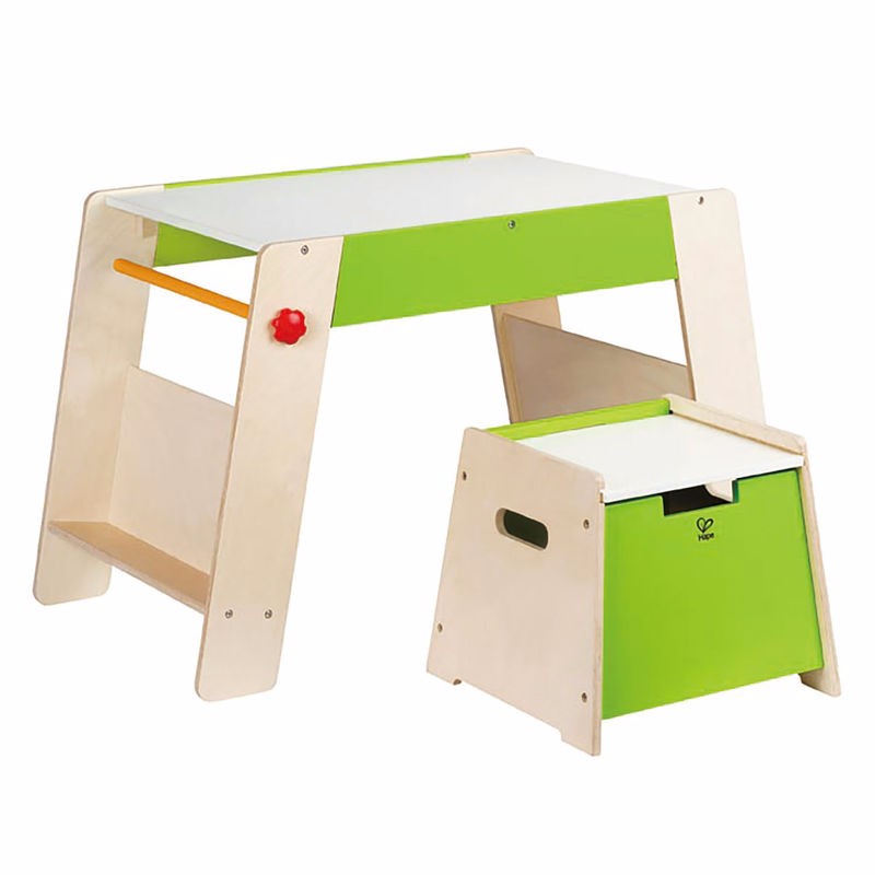 Kid-sized wooden art table and stool set for creative play, featuring storage for art supplies.