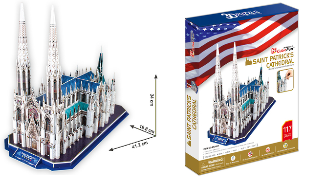 3D puzzle model of Saint Patrick's Cathedral, featuring detailed architecture and a 43-meter spire, 117 pieces for ages 8+.