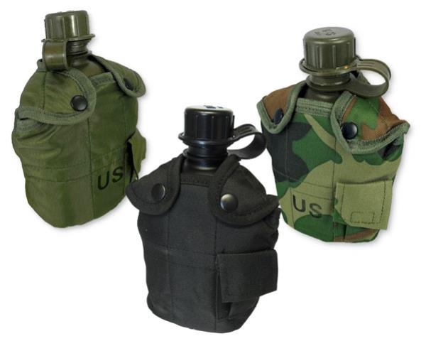 Set of three 1-litre plastic flasks with insulated covers, aluminum cups, and belt clips for portable hydration.