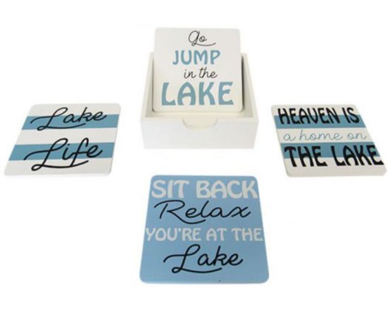 Set of 4 wood coasters featuring lake designs, measuring 9.7 cm square, neatly packaged in a holder for stylish home decor.