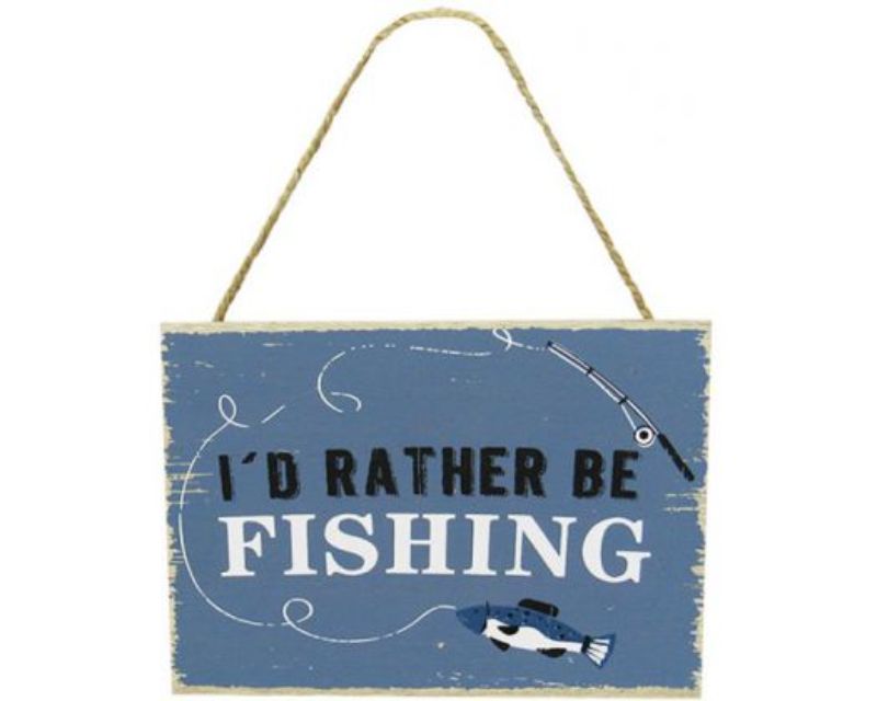 Blue wooden fishing sign featuring 'I'd Rather Be Fishing' text, ideal for man caves or fishing-themed decor.