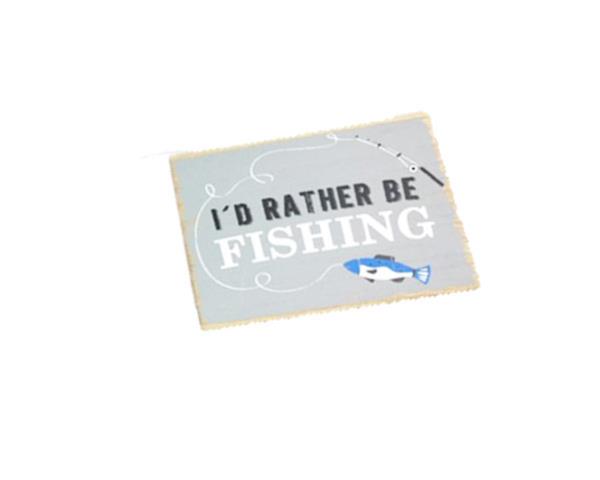 Word Art Fishing Silver sign in gray MDF, features 'I'd rather be fishing' with rope hanger, perfect for fishing enthusiasts.