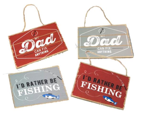 Word art set for dads featuring fishing phrases, ideal for man caves and home decor, each piece measures 17cm x 12cm.