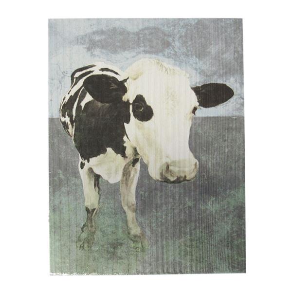Textured art depicting a Freisian cow, blending rustic charm with contemporary design, measuring 26cm x 19.5cm x 3cm.