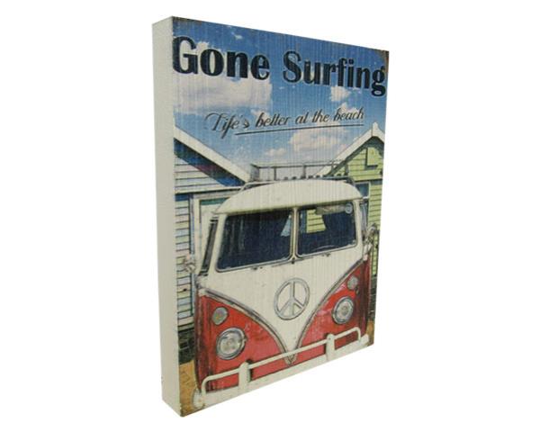 Textured wall sign showcasing "Gone Surfing" design, perfect for surf lovers and coastal decor enthusiasts.