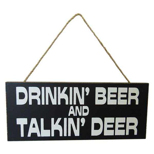 Wall art featuring deer silhouettes and 'Drinkin' Beer and Talkin' Beer' phrase, perfect for man caves and rustic decor.