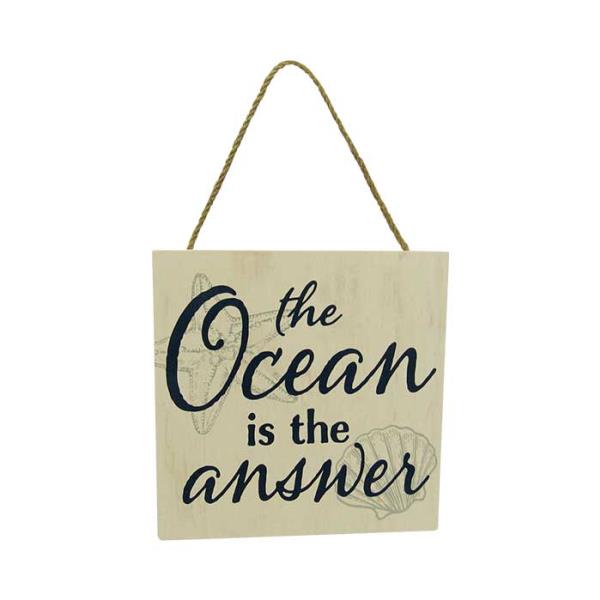 Wooden sign reading "The Ocean is the Answer" with rope hanger, ideal beach decor for coastal homes, 15 x 15 cm.
