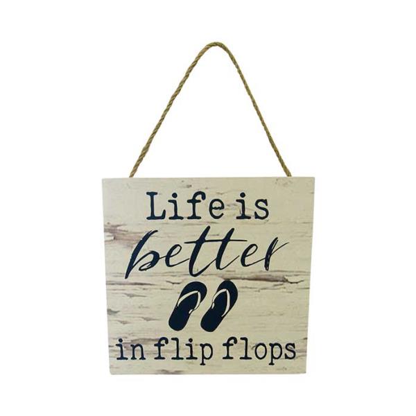 Wooden sign flip flops with "Life is better in flip flops," perfect for beach house decor, measuring 15 x 15 cm.