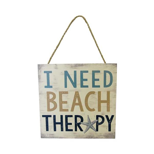 Wooden sign "I Need Beach Therapy" with rope hanger, perfect for coastal decor in any space. Measures 15 x 15 cm.