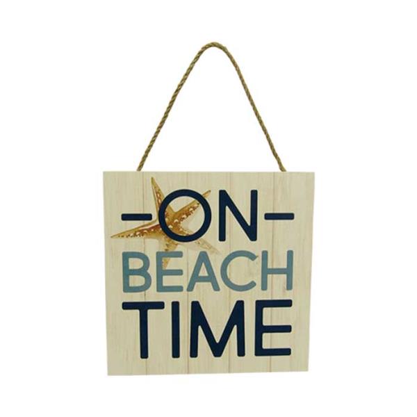 Rustic wooden "On Beach Time" sign with rope hanger, perfect for coastal decor, measuring 15 x 15 cm.