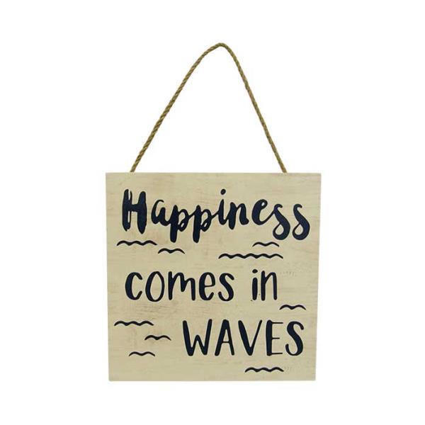 Wooden sign with rope hanger featuring "Happiness comes in waves", perfect for beach-themed decor, 15 x 15 cm.