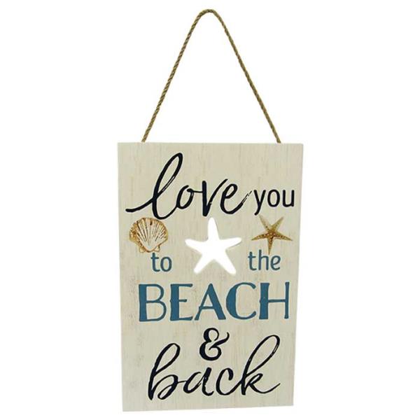 Wooden beach-themed sign measuring 23 x 15 cm, featuring "Love you to the beach & back" with a rope hanger.