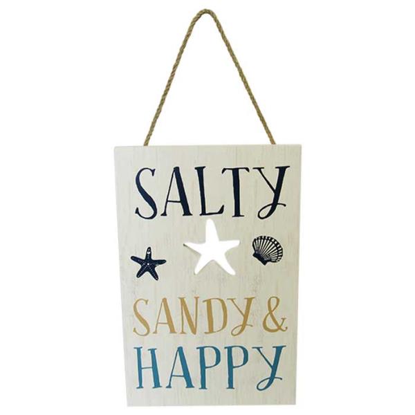 Wooden sign 'Salty, Sandy & Happy' with a rope hanger, perfect for beach-themed decor, measuring 23 x 15 cm.