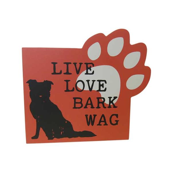 Charming MDF pet shelf sign with paw-shaped cutout, featuring 'Bark Wag' design, perfect for dog lovers' decor.