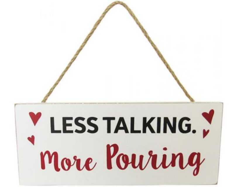 B&W Wine Hanger LessTalk: Rustic wooden sign with twine hanger, perfect decor for wine lovers, measuring 24 x 10 cm.