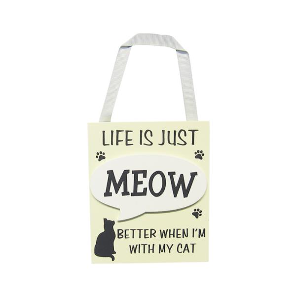 Adorable MDF wall art with "Meow" motif, featuring a ribbon hanger, perfect for cat lovers' home decor.