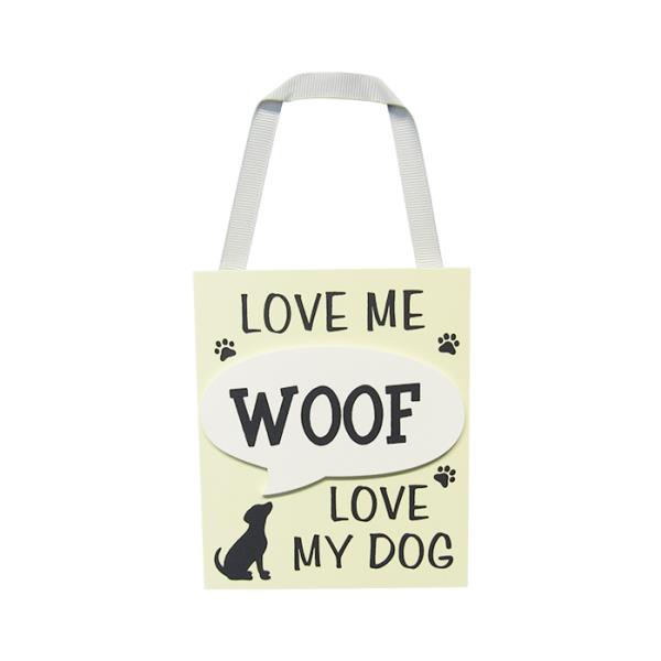 Cute MDF "Woof Hanger Love Dog" wall art sign with ribbon, perfect for celebrating dog lovers and brightening any space.