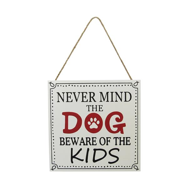 MDF wall art sign "Beware Kids" with rustic twine hanger, perfect for playful pet-loving families.