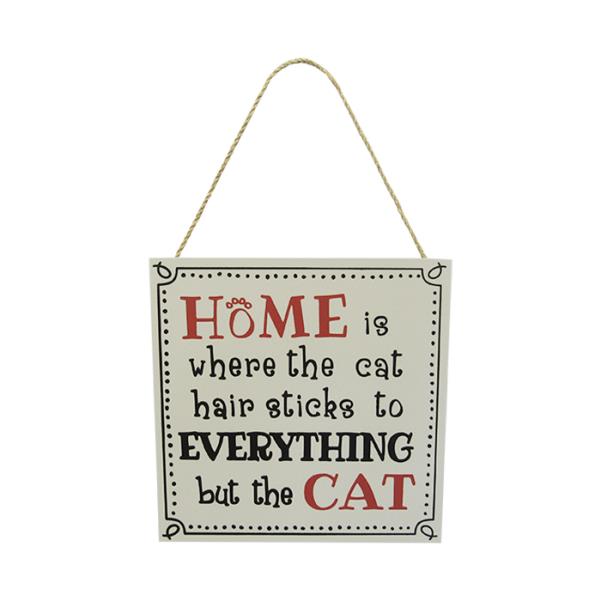 Rustic cat-themed wall art sign with twine hanger, celebrating feline love and featuring a charming "cat hair" message.