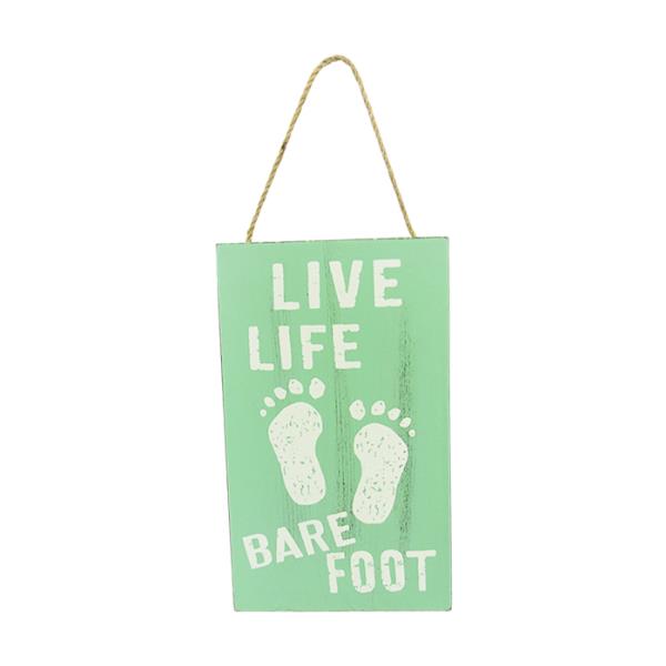 Wall art featuring "Live Life Barefoot" message on MDF with twine hanger, perfect for coastal decor.