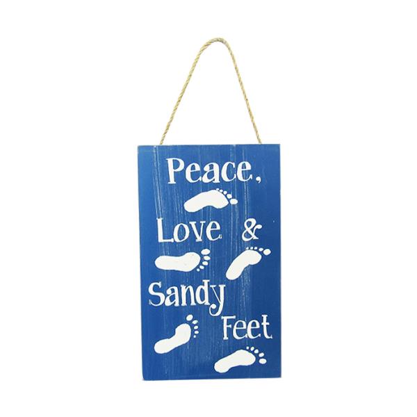 MDF wall art sign featuring "Peace, Love & Sandy Feet," perfect for coastal decor, measuring 12 x 20 cm with twine hanger.