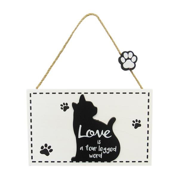 Charming Cat Love sign with paw print design on a twine hanger, perfect decor for cat lovers, 16 x 10 cm.