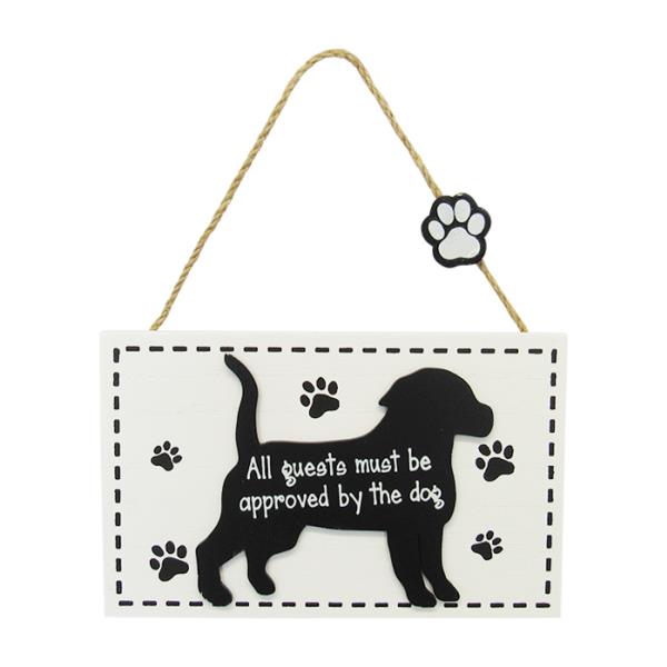 Whimsical dog-themed wall art sign with paw prints and twine hanger, perfect for dog lovers' home decor.