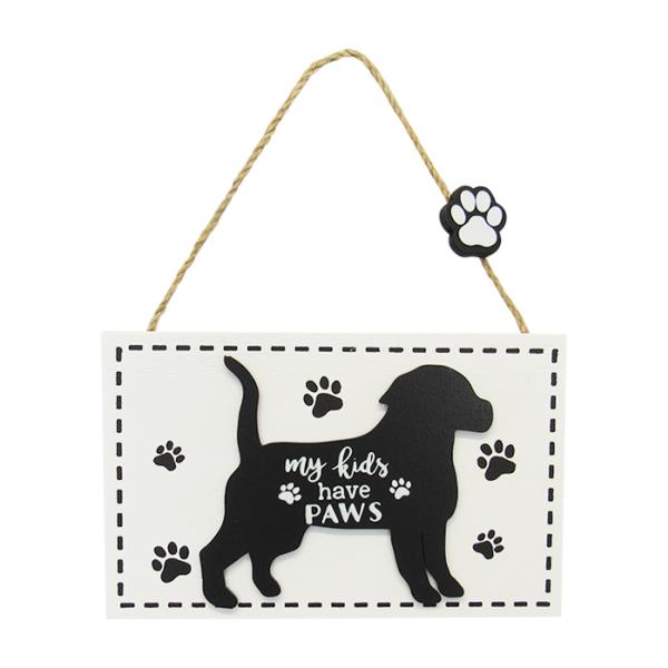 Cute dog hanger sign with paw print on twine, perfect for kids' rooms, measuring 16 x 10 cm.