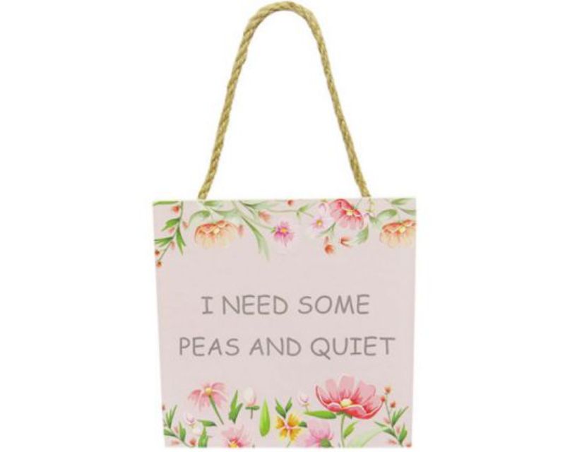 Wooden garden sign with twine hanger, 12 x 12 cm, promoting tranquility and eco-friendly decor for outdoor spaces.