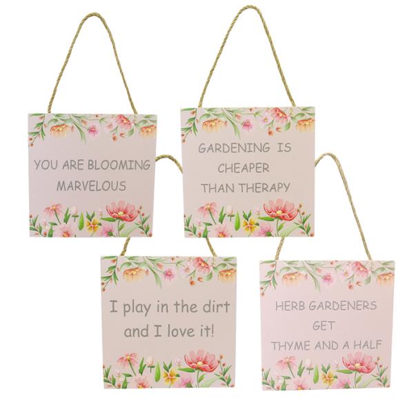 Set of four charming garden signs with twine hangers, perfect for enhancing outdoor spaces and expressing love for gardening.