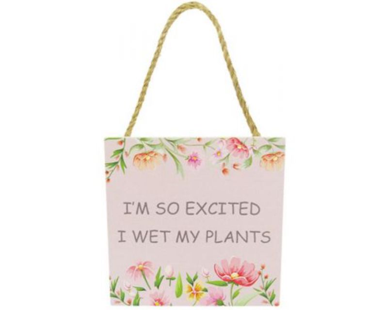 Charming 12x12 cm wooden sign with twine hanger, perfect for adding style to gardens and reminding care for plants.