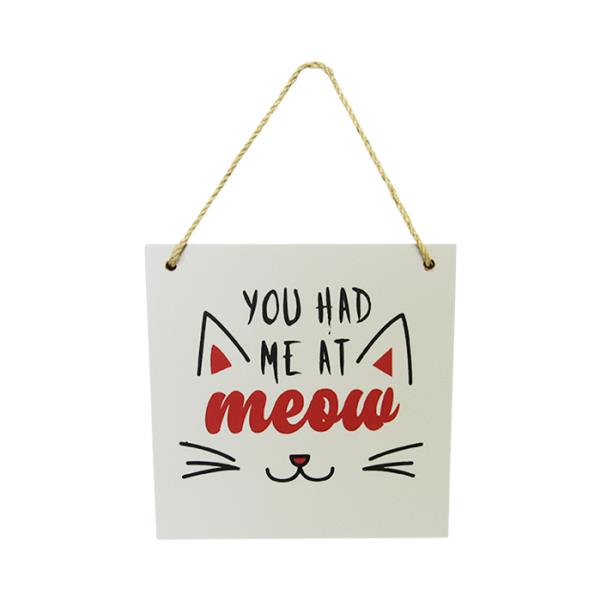 Charming 15x15 cm MDF wall art featuring "Meow" design, perfect for celebrating your love for cats with a rustic twine hanger.