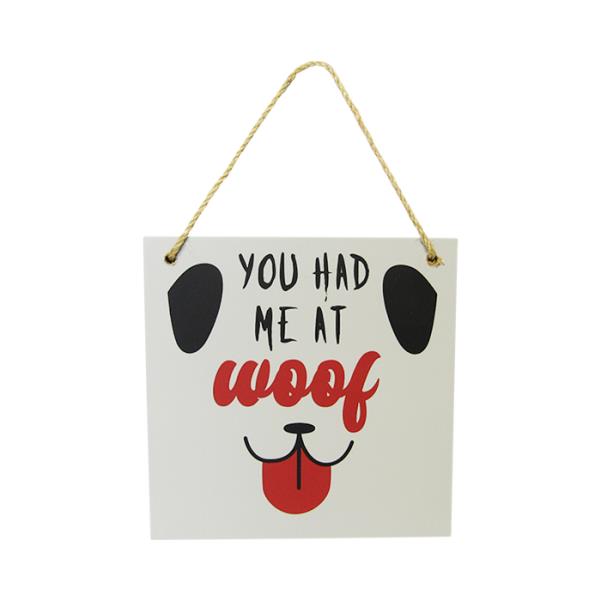 Pet Love Hanger Woof: charming 15x15 cm MDF wall art with twine hanger, perfect for dog lovers' home decor.