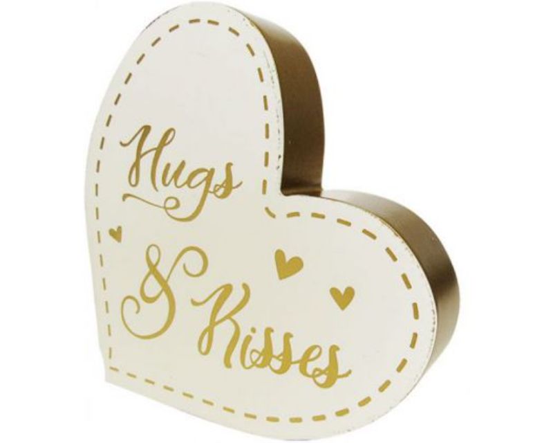 Wooden heart-shaped sign measuring 13 cm, featuring "Hugs & Kisses" for love-inspired home decor.