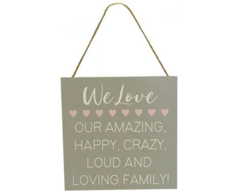 Wooden family life hanger sign measuring 18x18 cm, symbolizing love and togetherness for home decor.