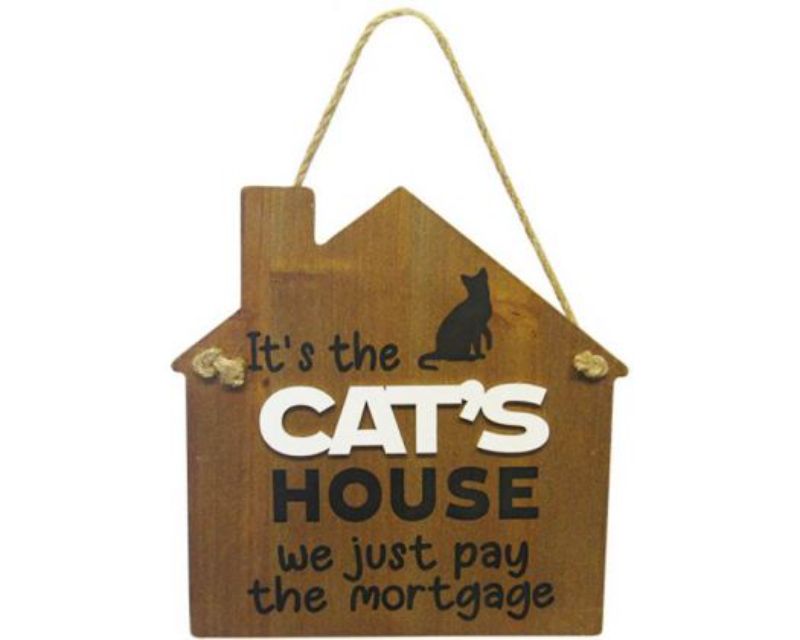 Wooden Cat's House Sign with twine hanger, 20 x 18.5 cm, perfect for indoor or outdoor feline-themed decor.