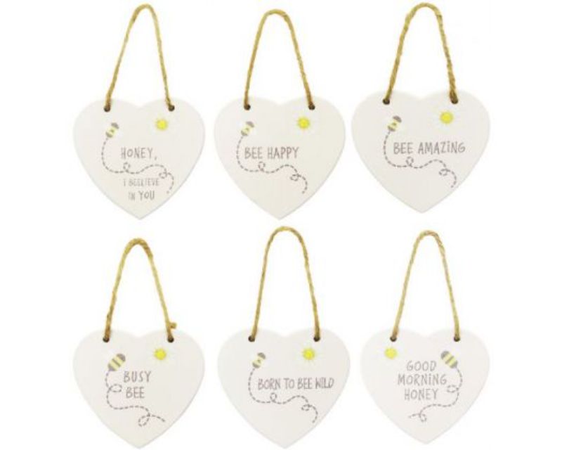 Set of 6 heart-shaped wooden bee signs, 10.5 cm, featuring rustic twine hangers for charming home decor.